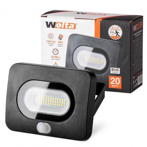 Прожектор светодиодный 20Вт 5700К IP65 WFL 20/05s с датчиком движ. ЧЕРНЫЙ Wolta